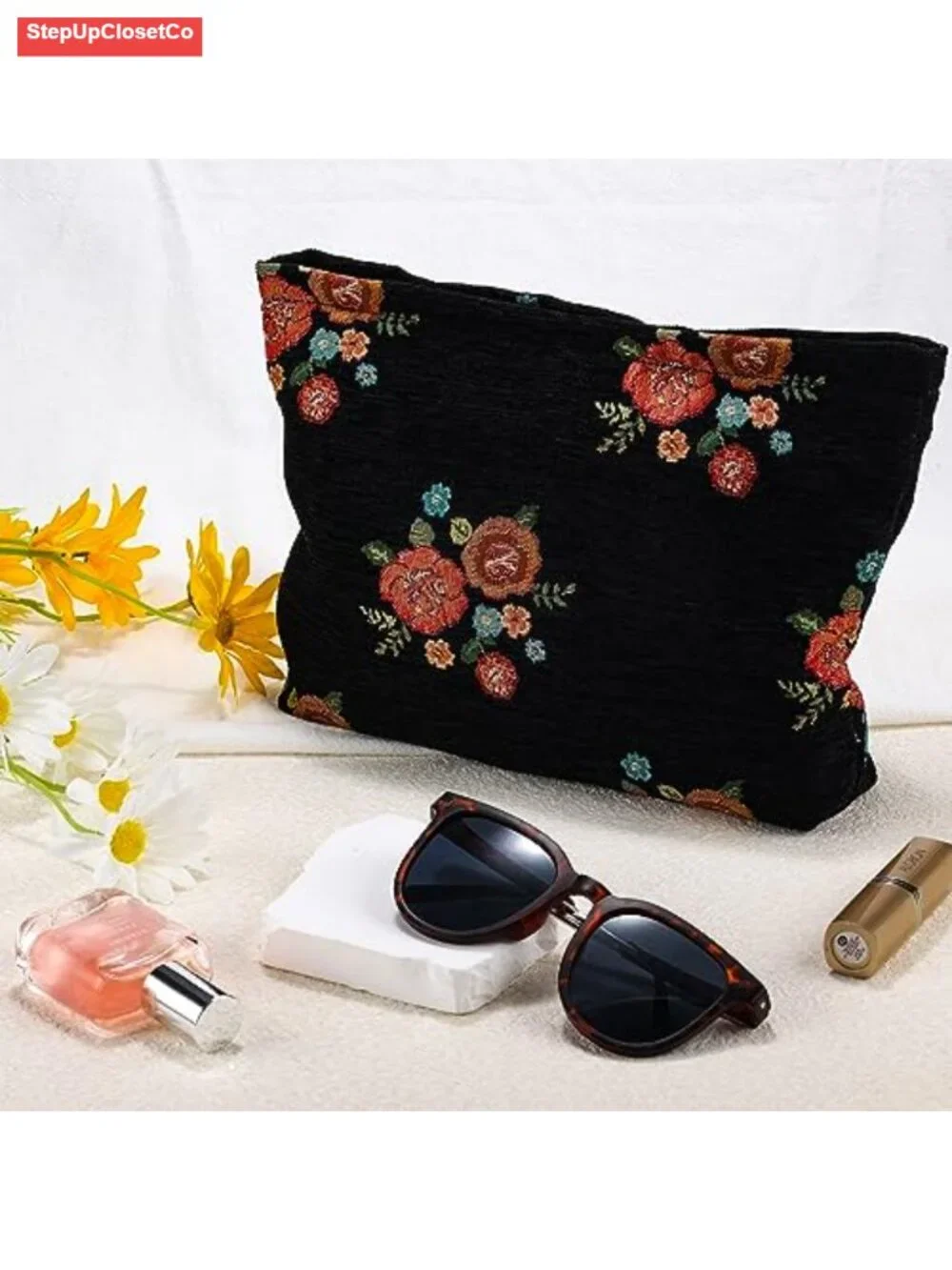 Large Embroidered Floral Makeup Bag Travel Toiletry Pouch Cosmetic Organizer